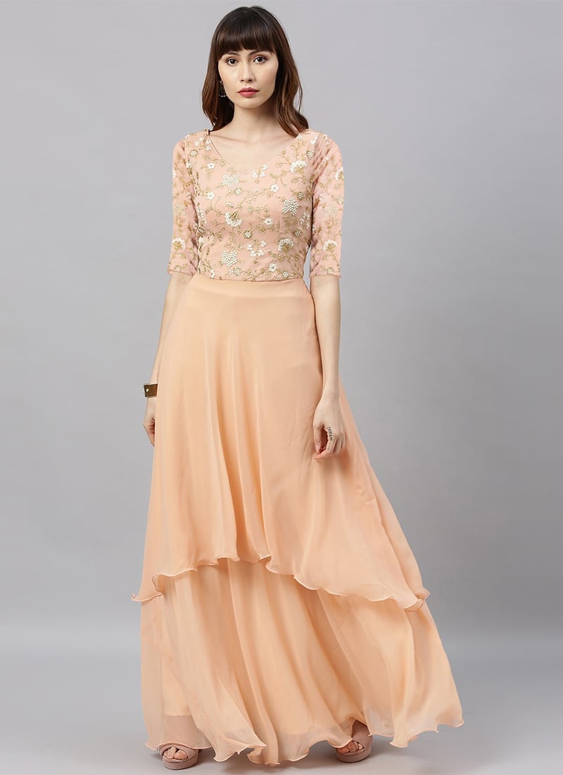 Peach Embroidered Double Layered Floor Length Gown Party Wear