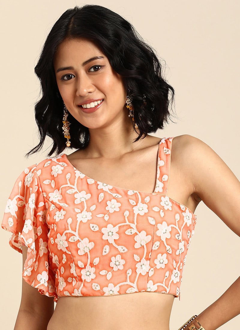 Peach Embroidered Georgette Blouse Festive Wear