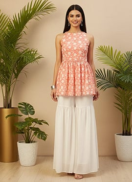 Teen Girls Peach Embroidered Georgette Gharara Suit