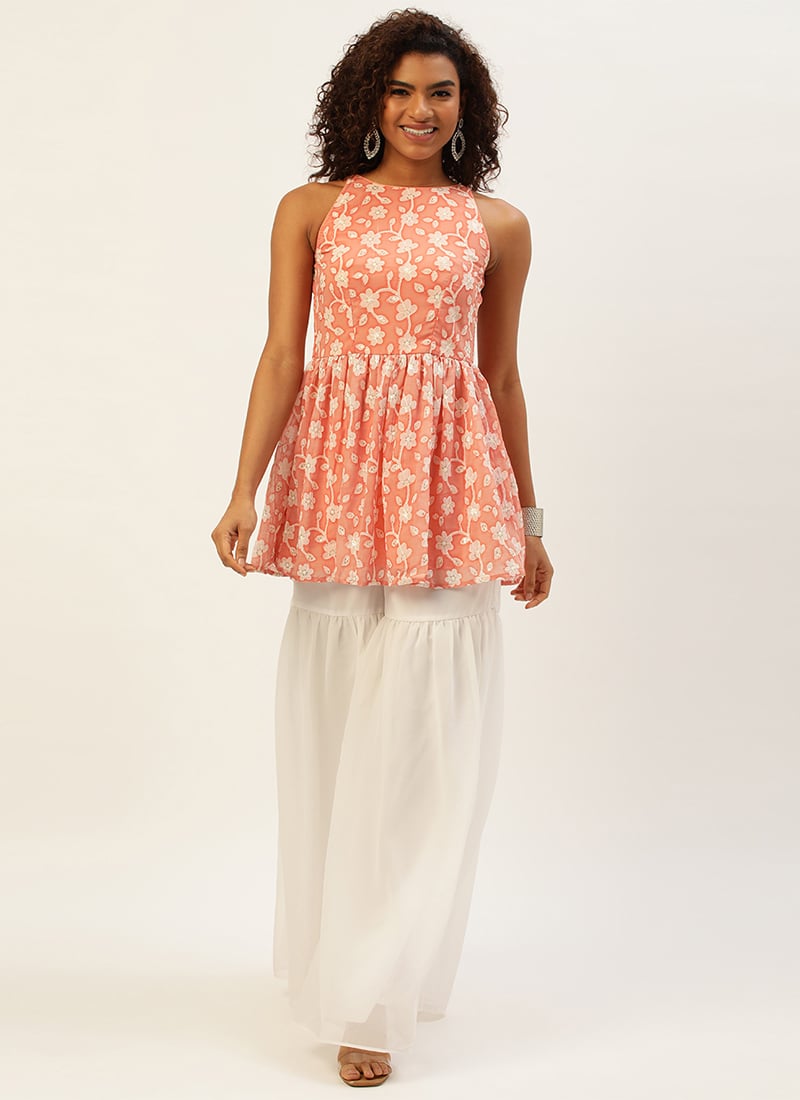 Peach Embroidered Georgette Gharara Suit Festive Wear After Six Wear
