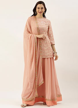Peach Embroidered Georgette Lehenga Set