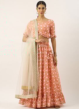 Teen Girls Peach Embroidered Georgette Lehenga Set