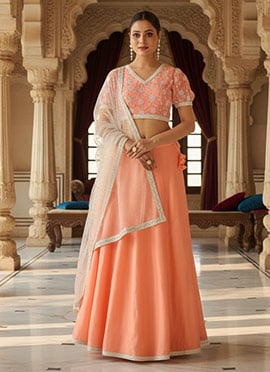 Peach Embroidered Georgette N Art Silk Lehenga Set