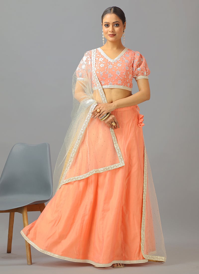 Peach Embroidered Georgette N Art Silk Lehenga Set