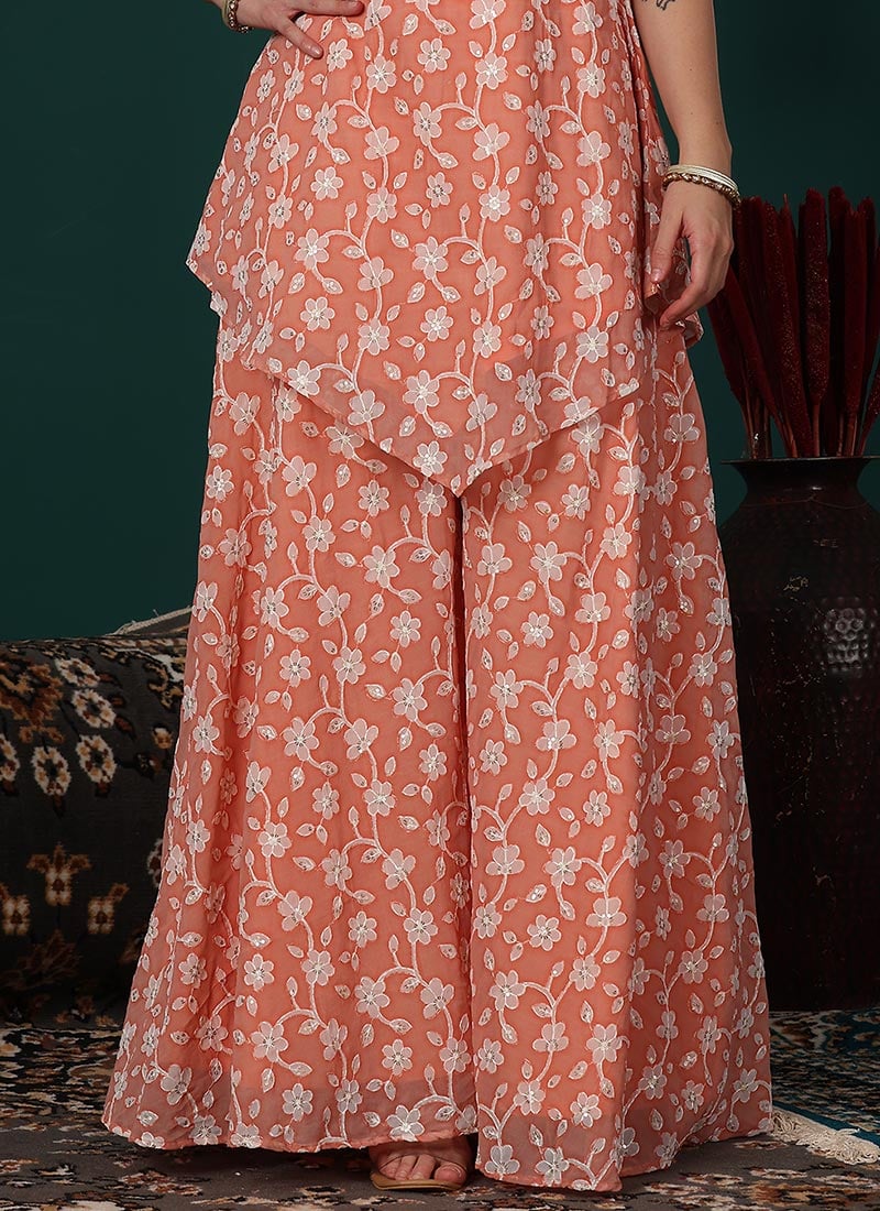 Peach Embroidered Georgette Palazzo Pant