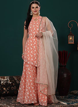 Peach Embroidered Georgette Palazzo Suit