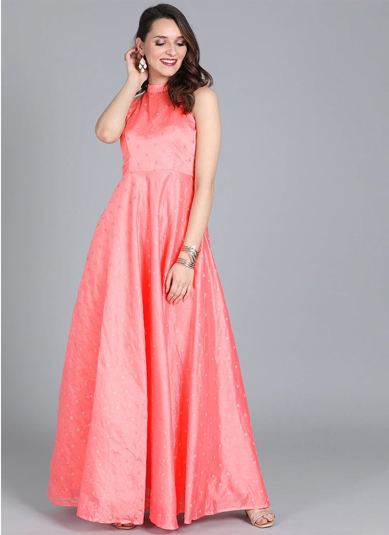 Peach Embroidered Halter Neckline Gown Festive Wear