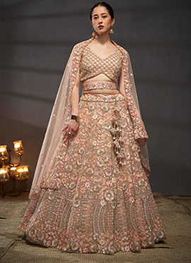 Peach Embroidered Net Umbrella Lehenga