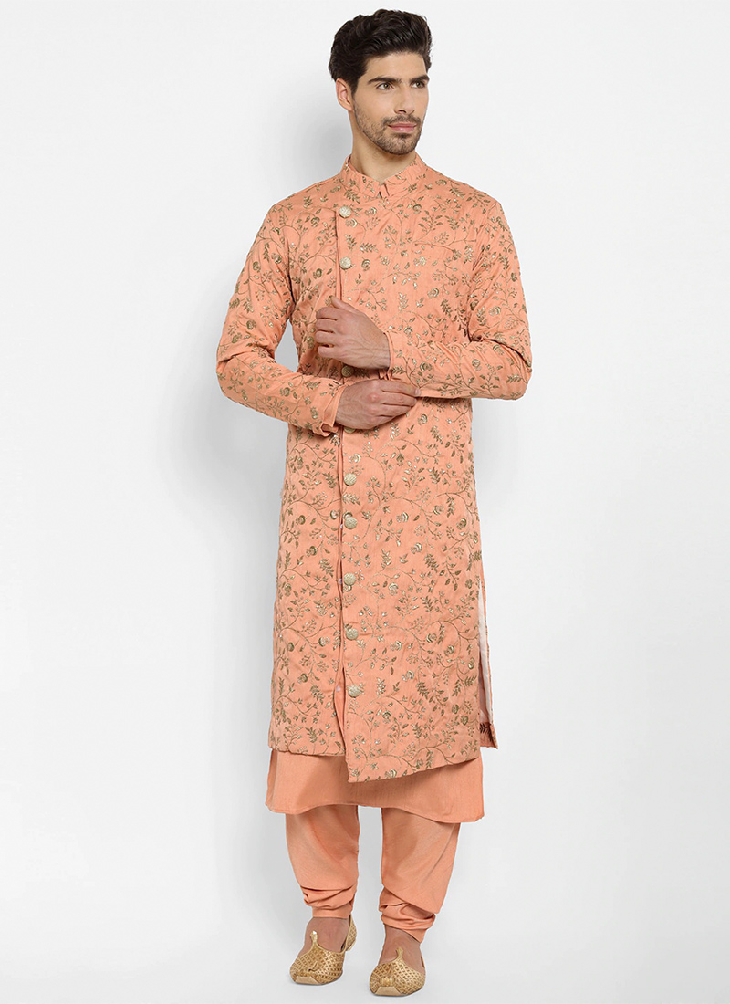 Peach Embroidered Overlapped Style Sherwani Wedding Wear