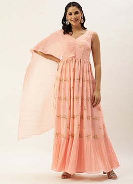 Peach Embroidered Pleated Georgette Gown