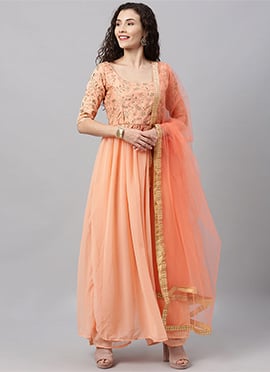 Peach Embroidered Round Neck Suit