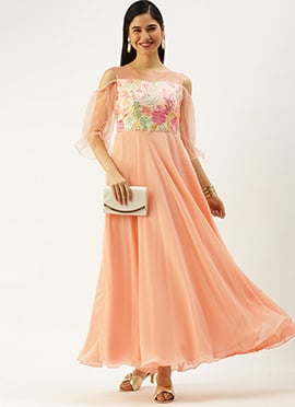 Teen Girls Peach Embroidered Sequins Gown
