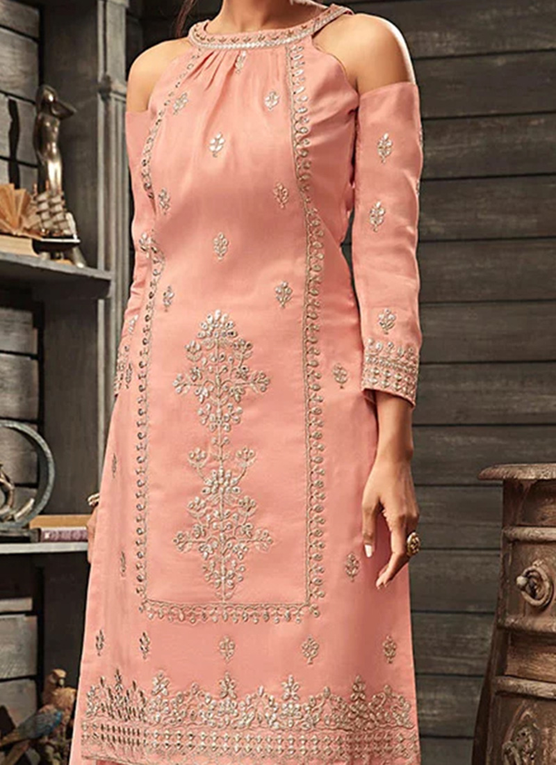 Buy Peach Embroidered Straight Pant Suit, Zardosi , Embroidered