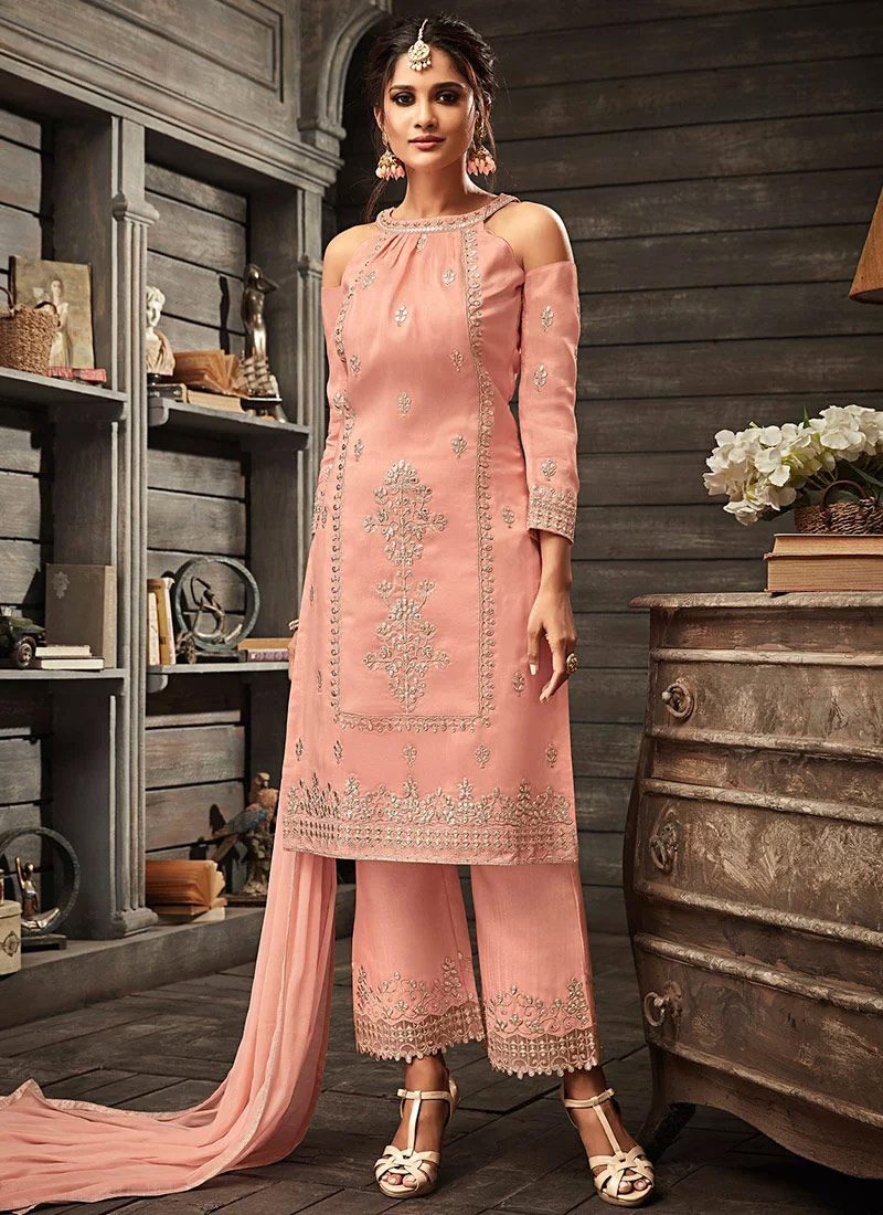 Buy Peach Embroidered Straight Pant Suit, Zardosi , Embroidered