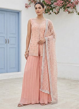 Peach Georgette Embroidered Sequins Sharara Suit With Criss Cross Dupatta