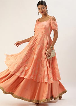 Peach Foil Print Layered Style Gown