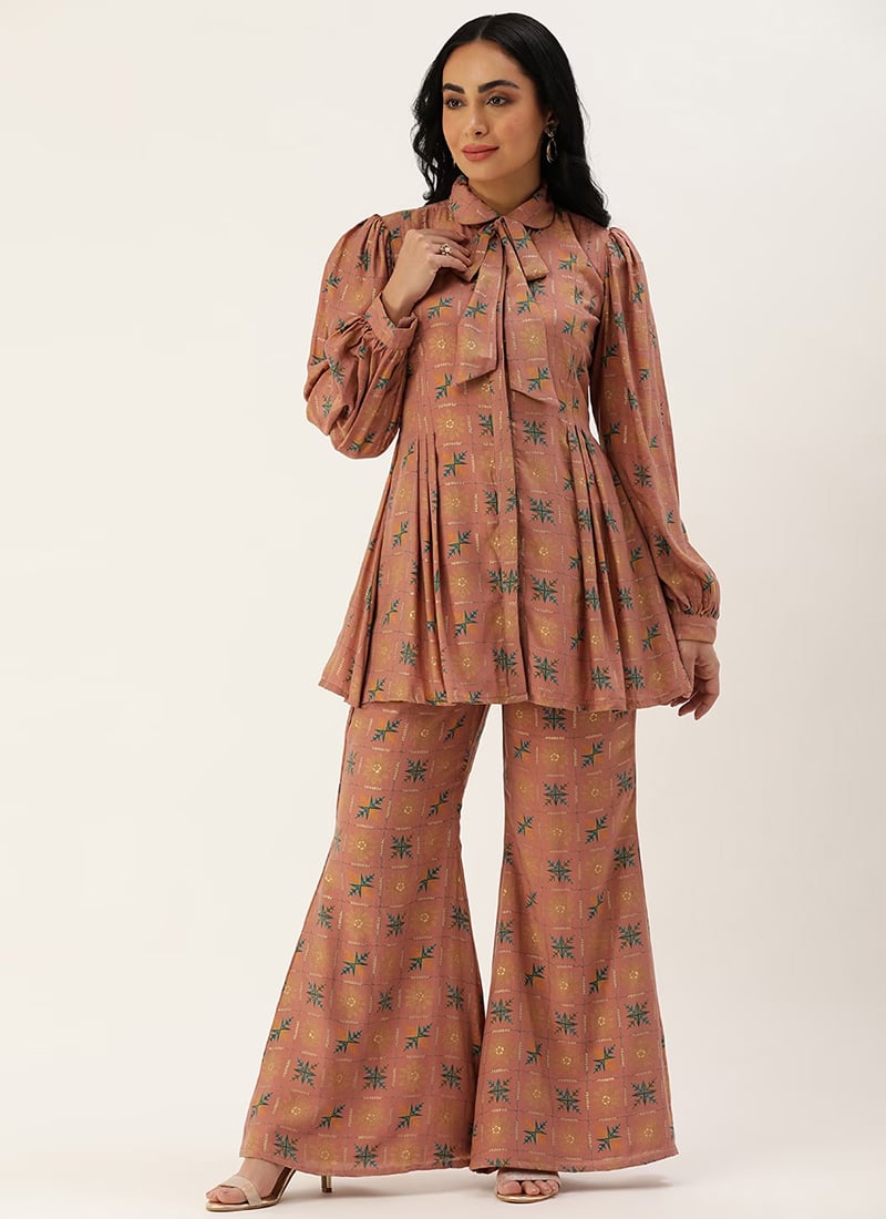 Teen Girls Peach Foil Print Muslin Co Ords Set Festive Wear