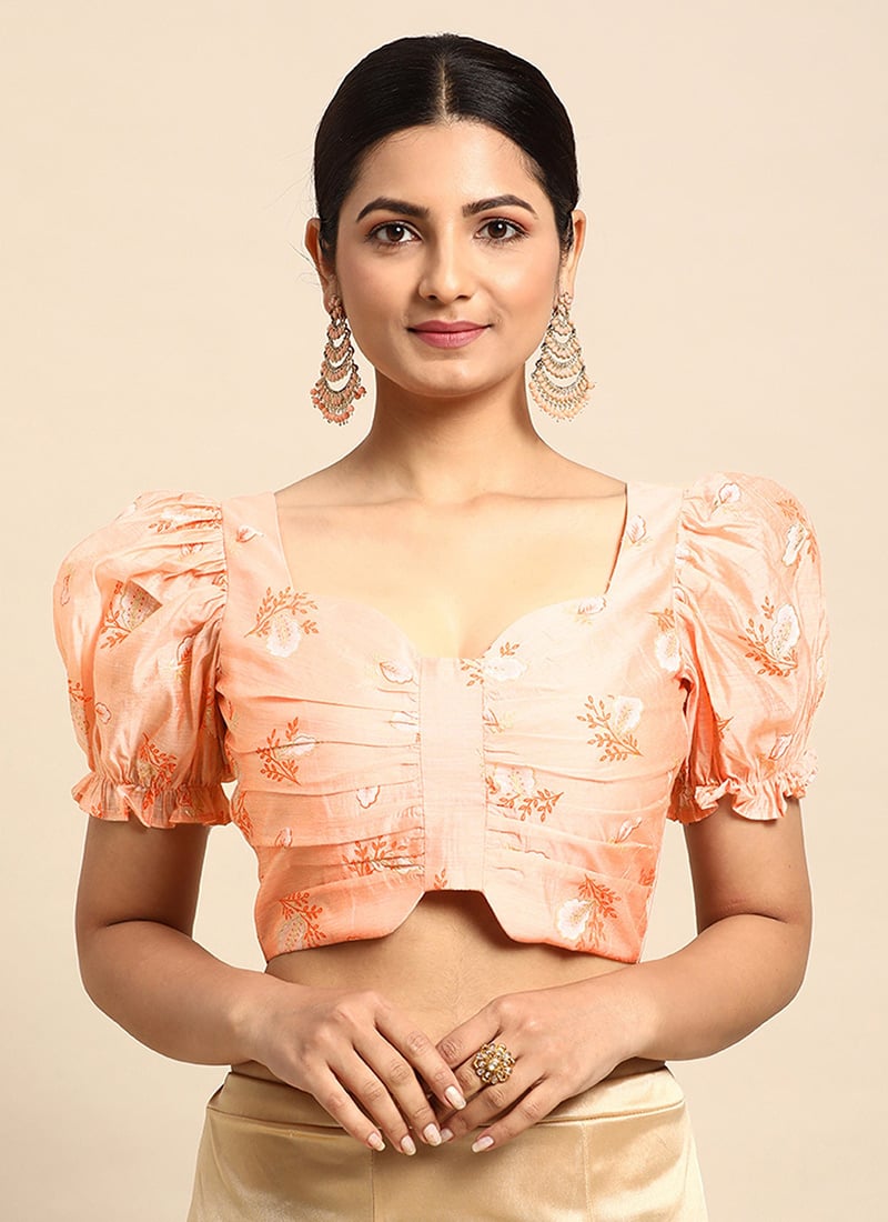 Peach Foil Printed Art Silk Cotton Blouse Festive Wear