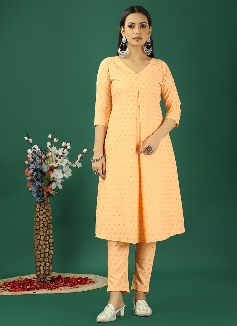 Teen Girls Peach Foil Printed Box Pleat Style Kurta Set Festive Wear