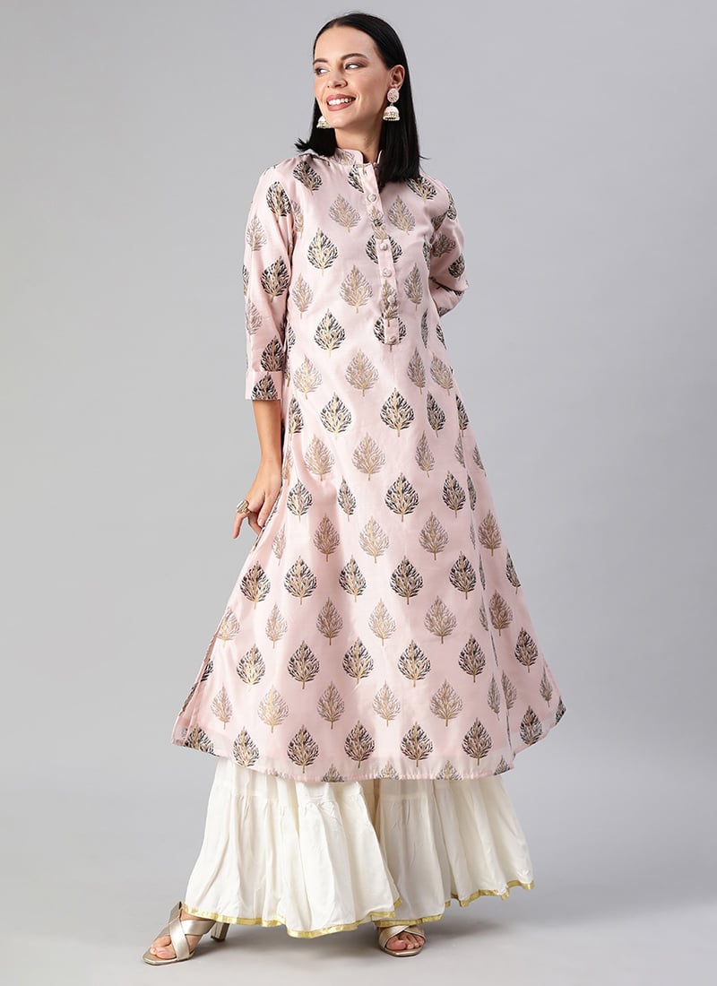 Peach Foil Printed Calf Length A Line Kurti Work Wear