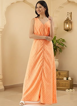 Teen Girls Peach Foil Printed Cotton Maxi Dress
