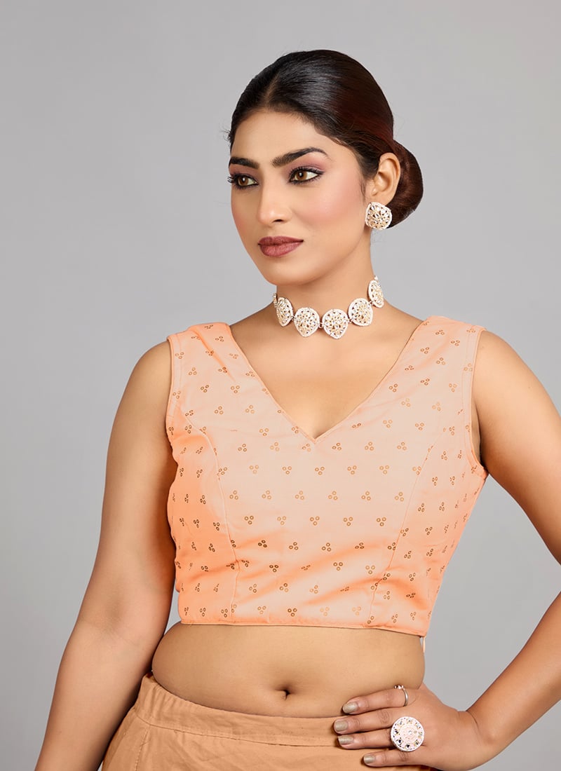 Peach Foil Printed Cotton V Neck Blouse Festive Wear