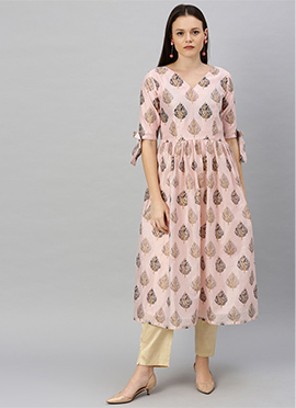Peach Foil Printed Gathered Flare Kurti