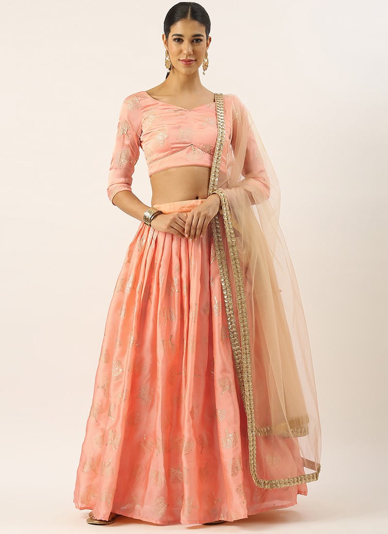 Teen Girls Peach Foil Printed Georgette Lehenga Set Party Wear