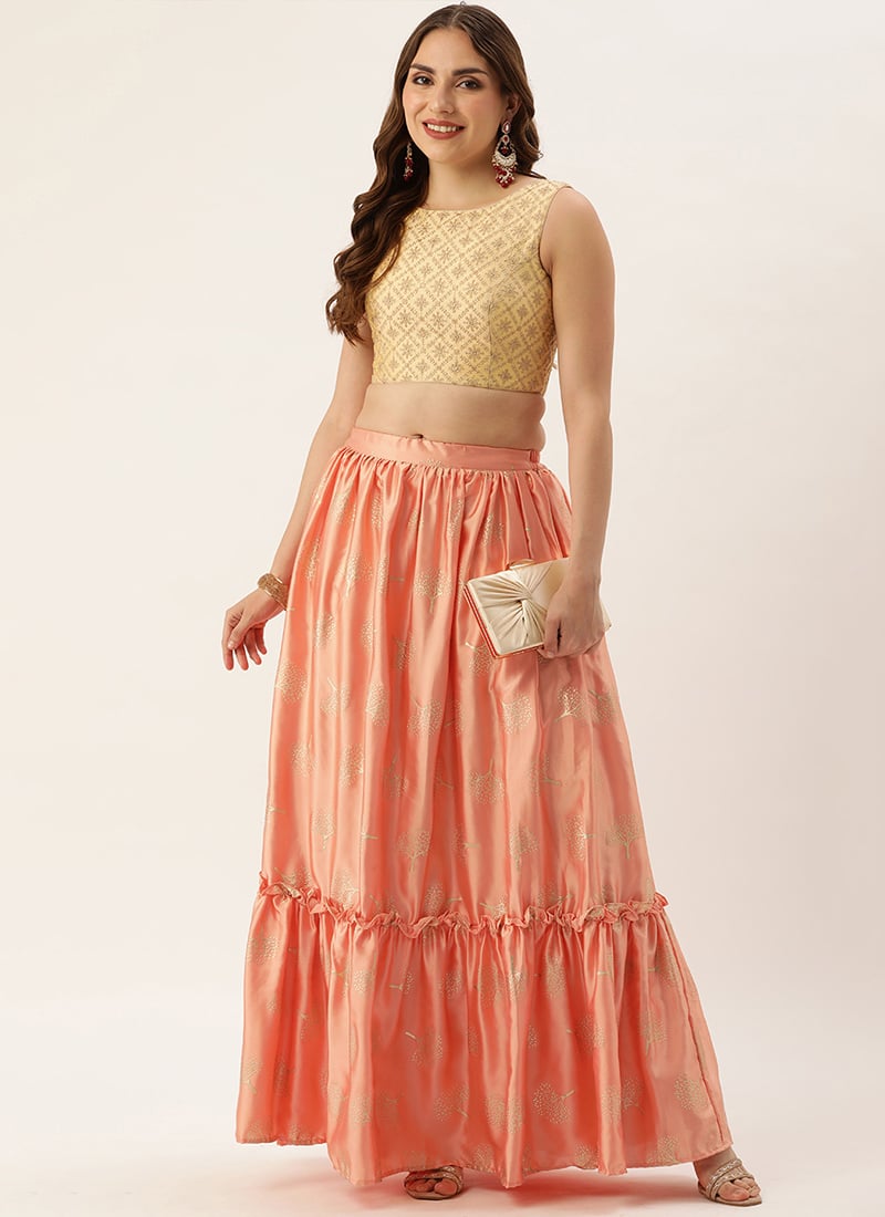 Peach Foil Printed Georgette Tiered Skirt