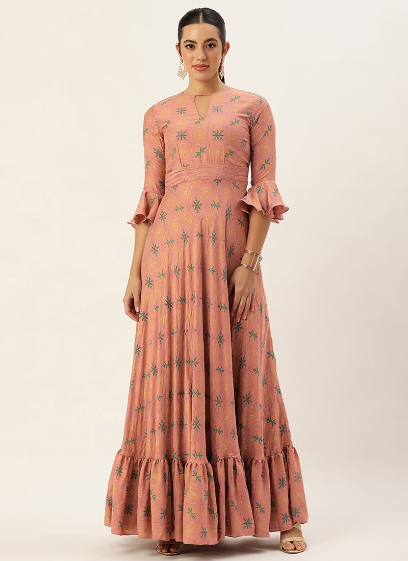 Peach Foil Printed Muslin Gown After Six Wear