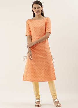 Peach Foil Printed Rayon Calf Length Kurta Set