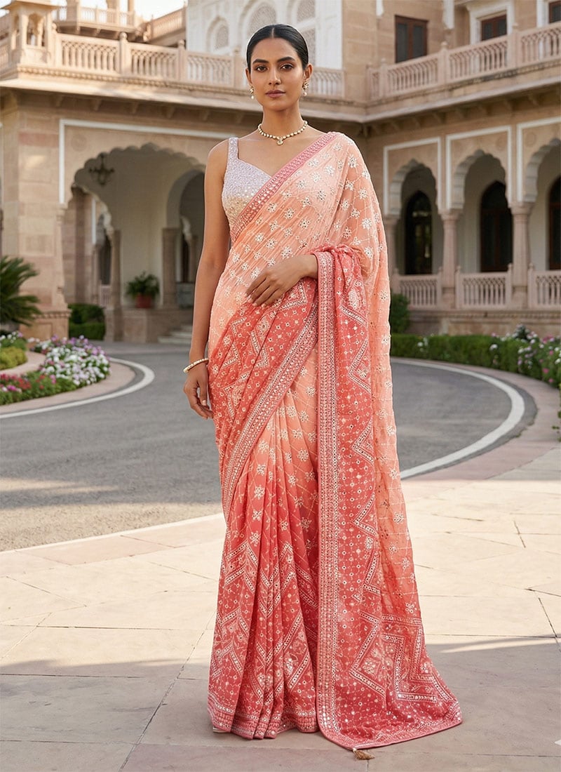 Peach Georgette Embroidered And Sequins Saree Wedding Wear