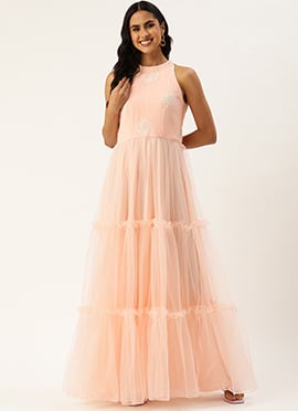 Peach Georgette Embroidered Dress