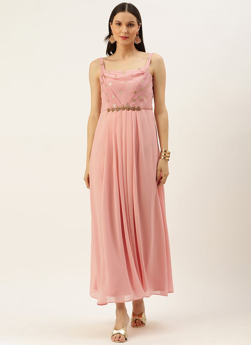 Peach Georgette Embroidered Dress Festive Wear