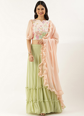 Teen Girls Peach Georgette Embroidered N Sequins Green Lehenga