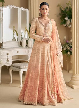 Peach Georgette Embroidered Sequins Chikankari Anarkali Suit