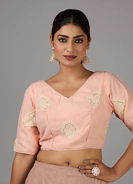 Peach Georgette Embroidered V Neck Blouse