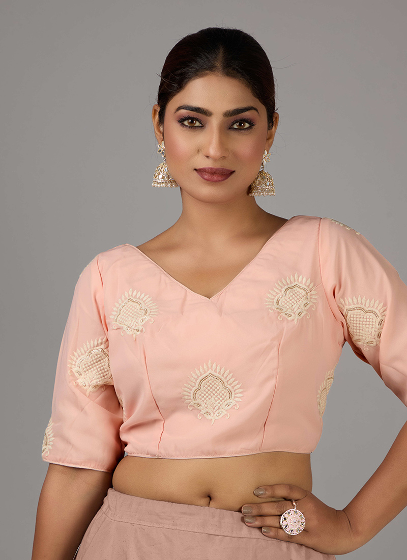 Peach Georgette Embroidered V Neck Blouse Wedding Wear