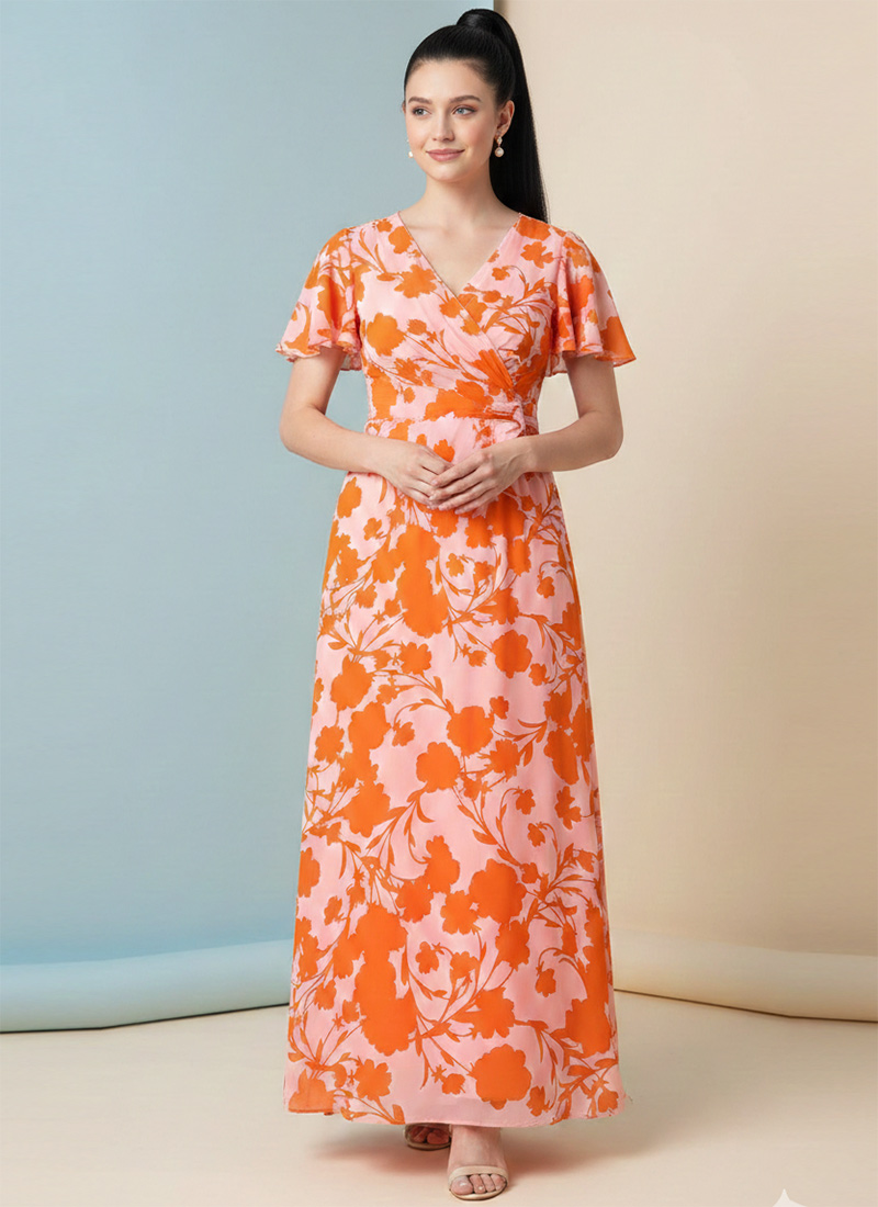 Peach Georgette Floral Maxi Dress Leisure Wear