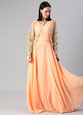 Peach Georgette Gown N Embroidered Jacket