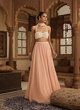 Peach Georgette Mirror And Moti Hand Embroidered Lehenga
