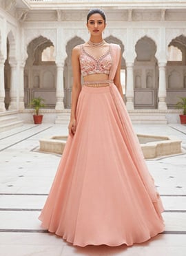 Peach Georgette Stones Beads Hand Embroidered A Line Lehenga