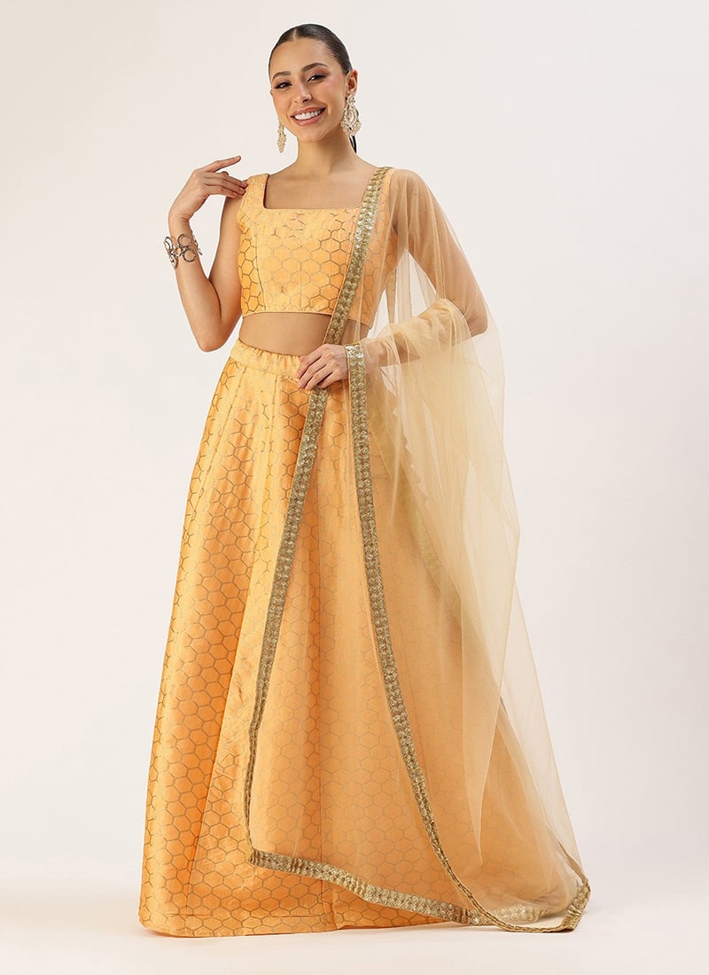 Peach Jacquard Kali Lehenga Festive Wear
