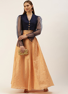 Peach Jacquard N Navy Blue Art Silk Skirt Set