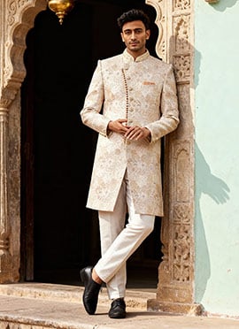 Peach Jacquard Silk Beads And Zari Hand Work Indowestern Sherwani