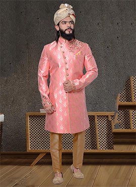 Peach Jacquard Silk Classic Sherwani