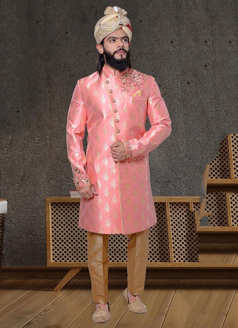 Peach Jacquard Silk Classic Sherwani