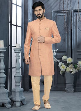 Peach Jacquard Silk Zari Work Classic Sherwani