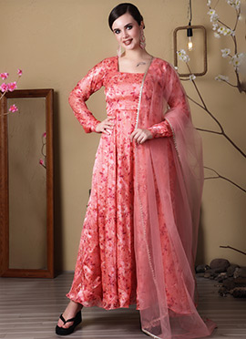 Peach Organza Satin Printed Anarkali Suit