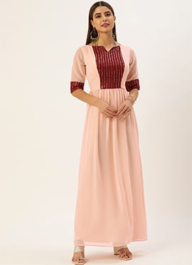 Peach N Maroon Embroidered Gathered Dress